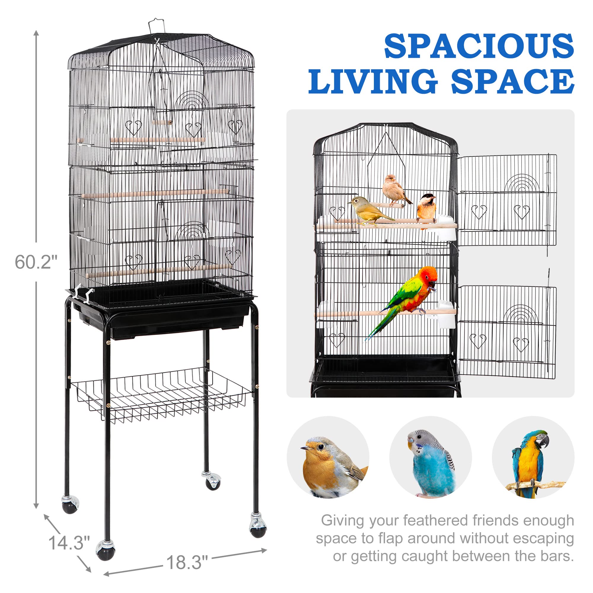 SUPER DEAL 59.3 Rolling Bird Cage Large Wrought Iron Cage for Cockatiel Sun Conure Parakeet Finch Budgie Lovebird Canary Medium